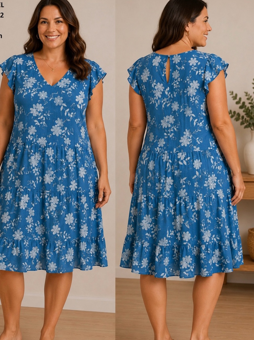 Teal Blue Floral Cap-Sleeve Dress